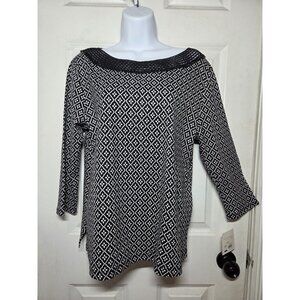 Croft & Barrow Black White Crochet Boat Neck 3/4-Sleeve Cotton Top‎ PL NWT